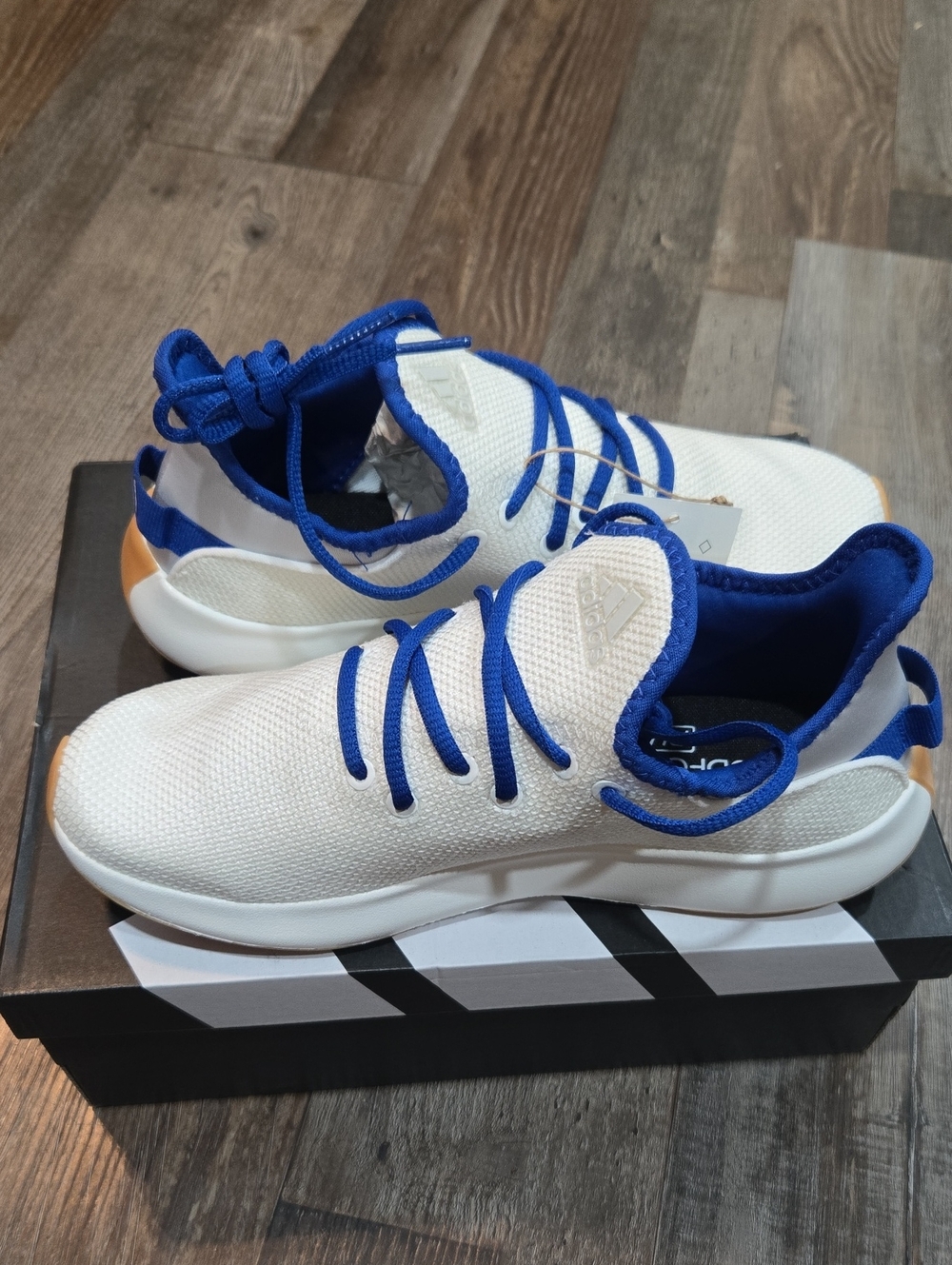 adidas Women's Cloudfoam Plus White Knit Sneakers with Blue Trim and Tan Heel